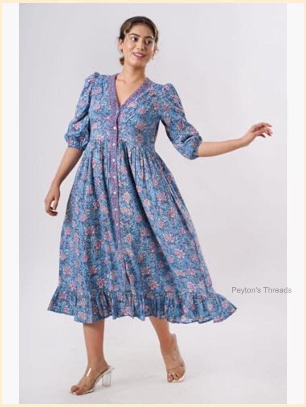 V-Neck Cotton Midi Dress with Pockets Handmade Boho Beach Dress - Picture 2 of 6